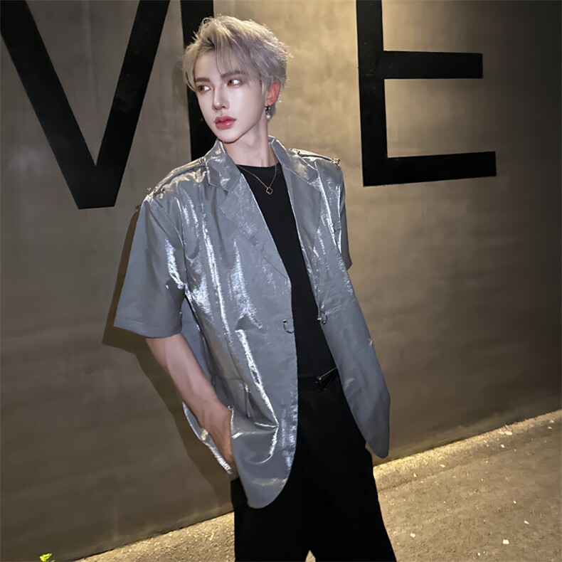 (自家现货）缎面银色垫肩西装金属铆钉西服2318-P88（裤子2611），男装西服，星座910-5