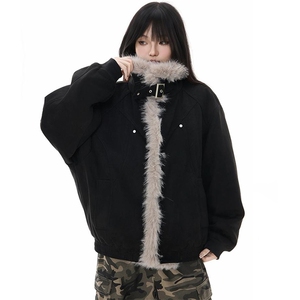 现货重磅硬挺boxy羽绒棉衣座山雕大毛毛领洗水麂皮棉服冬外套图片