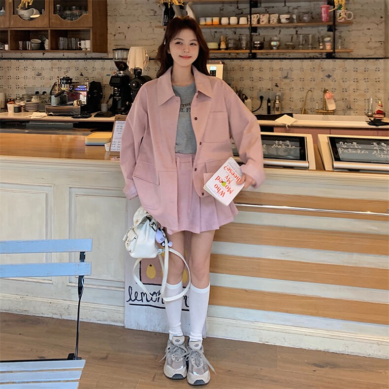 粉色单排扣格纹拼接外套两件套女春2025新款甜酷风宽松百褶裙套装,女装套装/套裙,2C120