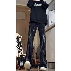 美式eodup高街hiphop小从涂鸦脏脏毛边喇叭牛仔裤货号K2409P65，男装牛仔裤，电商A063