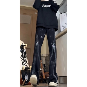 美式eodup高街hiphop小从涂鸦脏脏毛边喇叭牛仔裤货号K2409P65图片