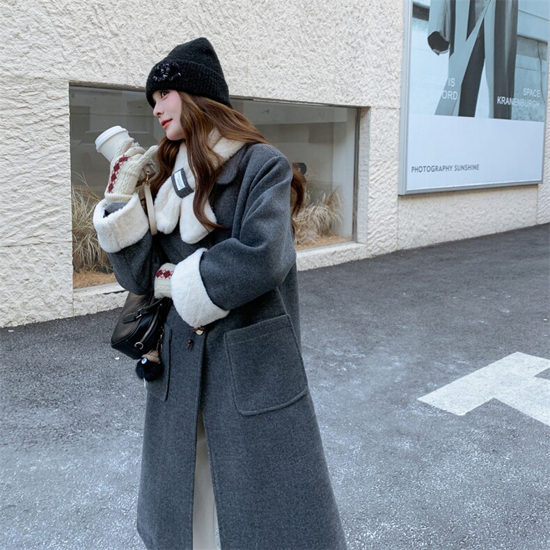 学院风灰色毛呢外套女2025冬季新款中长款围巾双排扣大衣高级感,女装毛呢外套,2D148