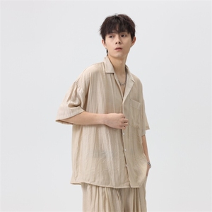 复古小众凹凸线条纯色短袖衬衫男潮牌街头宽松休闲衬衣CS2086-P45图片