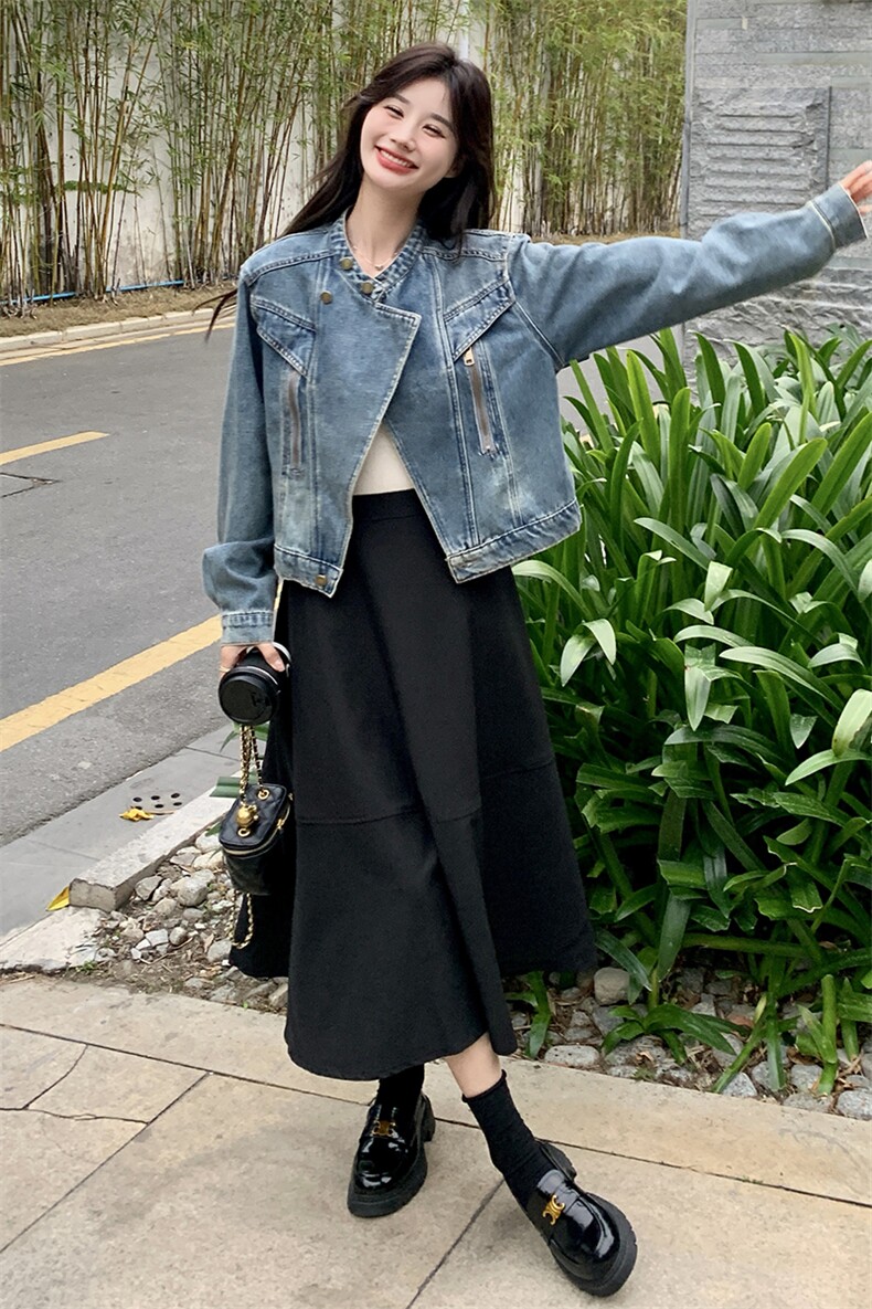 复古法式收腰压褶大摆裙黑色半身裙2025年开春新款女装显瘦伞裙女,女装牛仔外套,浙宝220