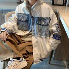 港风牛仔拼接夹克外套男女棒球服宽松高街vibe风潮牌XJ333-P65，男装夹克，星座1001-1
