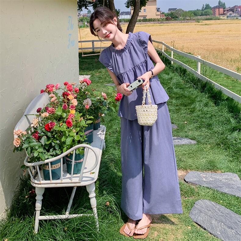 韩版俏皮减龄木耳边上衣套装女2025夏季新款宽松显瘦阔腿裤两件套,女装套装/套裙,维壹