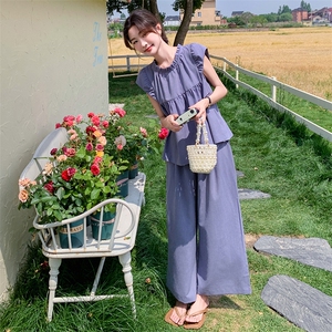 韩版俏皮减龄木耳边上衣套装女2025夏季新款宽松显瘦阔腿裤两件套图片