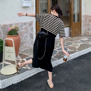 现货  03夏装新品腰部抽绳条纹拼接假两件套连衣裙2C239 P125K178图片