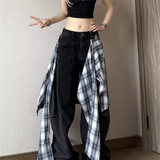 美式街头假两件拼接裙摆爵士舞运动裤女新款阔腿宽松休闲裤子，女装休闲裤，星座1210-1