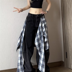 美式街头假两件拼接裙摆爵士舞运动裤女新款阔腿宽松休闲裤子图片
