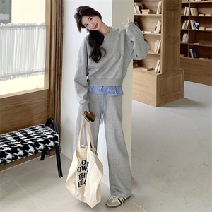 假两件拼接卫衣阔腿裤套装女2025春季新款韩系减龄休闲运动两件套图片