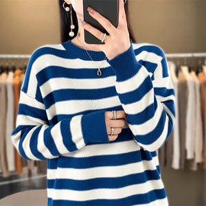 纯棉针织毛衣女圆领慵懒风条纹全棉线上衣宽松套头修身显瘦图片