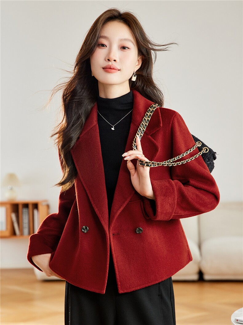 红色气质西装领毛呢外套女2025秋冬新款时尚百搭短款双面羊毛大衣,女装双面呢大衣,拾衣