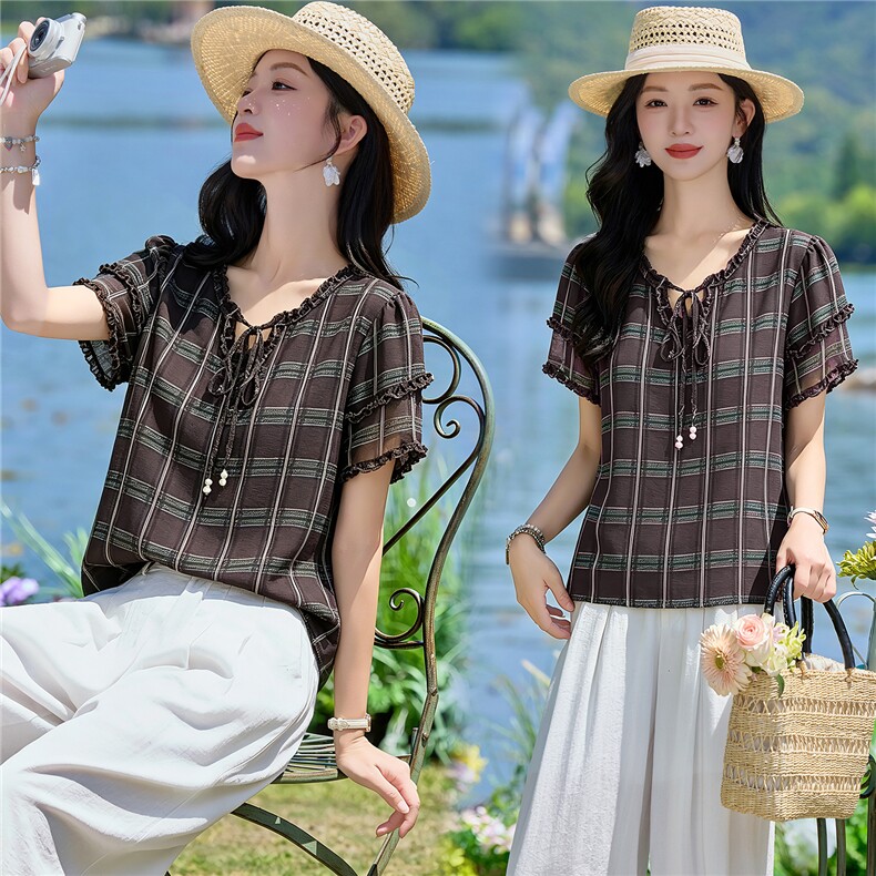花边袖休闲宽松小衫女2026夏季新款遮肉显瘦短袖衬衫薄款上衣,女装衬衫,余墨