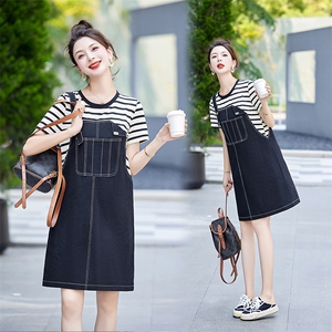 全棉舒适假两件条纹背带裤连衣裙图片
