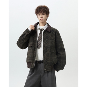 复古老钱风毛呢大衣宽松格纹加棉加厚保暖棉服夹克外套-JK008P115图片