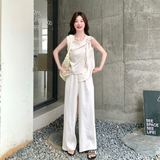 韩系蝴蝶结绑带背心女夏季新款高级感无袖上衣高腰阔腿长裤两件套，女装套装/套裙，1D066-1