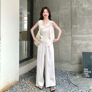 韩系蝴蝶结绑带背心女夏季新款高级感无袖上衣高腰阔腿长裤两件套图片
