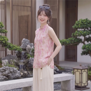 2026年夏季休闲风女优雅淑女通勤日常印花压皱新中式两件套图片