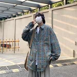 美式ins格子衬衫男春秋季痞帅长袖衬衣 C1142 P40图片