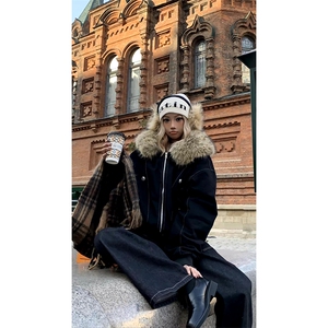 现货重磅boxy短款棉衣座山雕大毛毛领男女棉服水洗工装厚外套图片