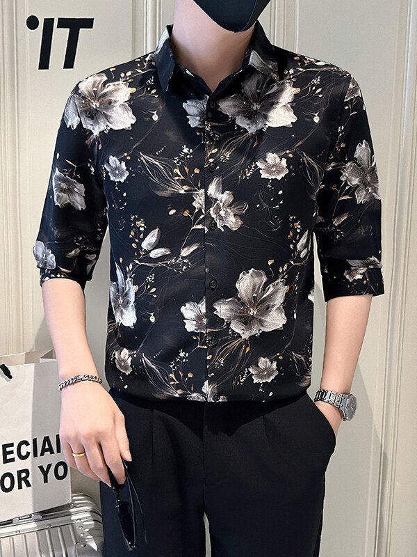 店主风社会小伙男士印花中袖衬衫男痞帅衬衣301A-1/CS581/P55,男装衬衫,星座301A-1