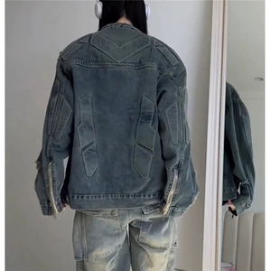 美拉德潮牌复古水洗做旧牛仔外套男女高街百搭浮雕异形机甲夹克秋图片