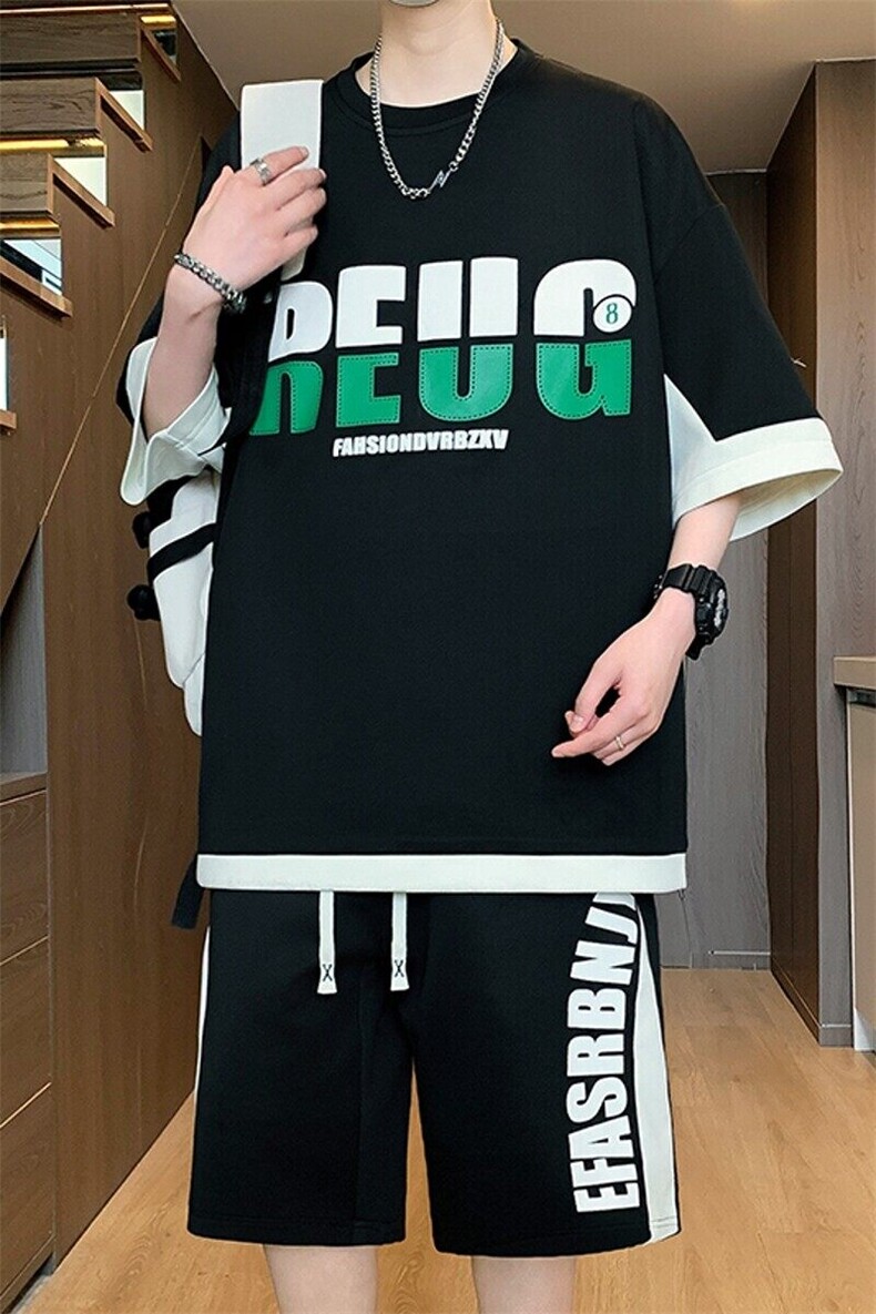 84331-P55夏季休闲T恤短裤男两件套港风学生宽松短袖运动套装,男装牛仔裤,电商D310B