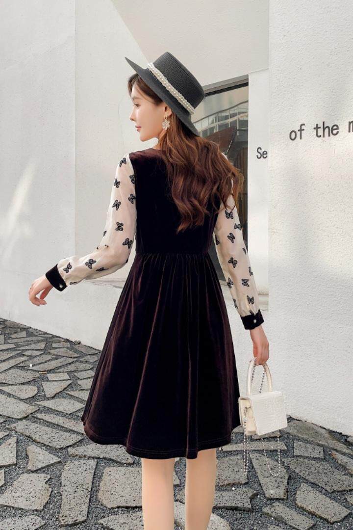 2021现货蝴蝶袖丝绒小香风连衣裙，女装连衣裙，秀水百合