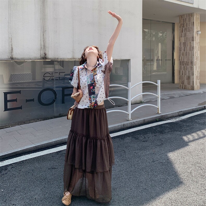 松弛慵懒风时尚套装女2025夏季新款韩系复古印花衬衫半身裙两件套,女装套装/套裙,2C211