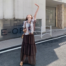 松弛慵懒风时尚套装女2025夏季新款韩系复古印花衬衫半身裙两件套，女装套装/套裙，2C211