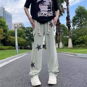 美式潮刺绣牛仔裤男夏季星星复古宽松阔腿直筒拖地潮牌休闲裤子图片