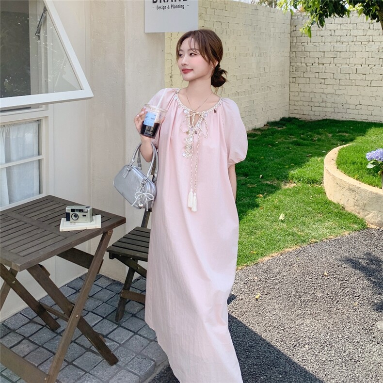 法式减龄捏褶泡泡袖连衣裙女2025夏季新款慵懒风时尚休闲系带长裙,女装连衣裙,维壹
