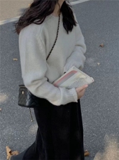 温柔风紫色圆领毛衣女秋冬新款软糯慵懒宽松针织衫上衣，女装针织衫/毛衣，半城羊绒