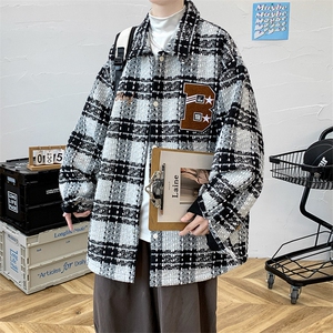 2023秋季新品学生宽松开衫外套毛巾绣翻领格子衬衫男士 8158-P85图片