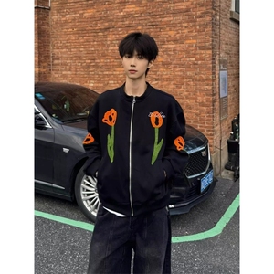 植绒刺绣棒球服夹克外套男女设计感郁金香花卉上衣男JKB1021