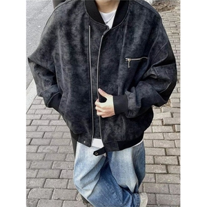 机车服pu皮衣外套男春秋季痞帅短款棒球服宽松飞行夹克 J065图片