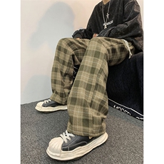 秋冬宽松加绒格子阔腿裤古着vintage日系慵懒风休闲裤K7541-P45，男装休闲裤，星座512-3