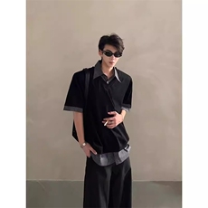 WE1556-P552025夏季复古小众设计感假两件拼接衬衫领短袖polo衫，男装T恤，电商B323A
