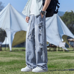 美式破洞牛仔裤男春秋季青少年中线潮牌痞帅水洗做旧宽松直筒长裤图片