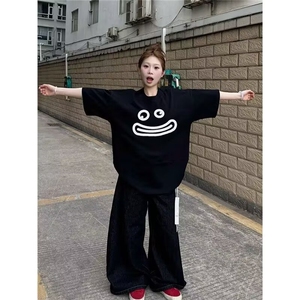 纯棉240G美式高街黑色短袖t恤女夏新款设计感学生宽松慵懒风半袖