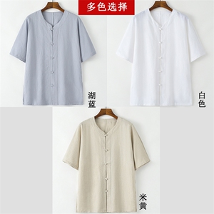 风男装亚麻短袖唐装男上衣夏季中老年男士中式复古汉服爸爸装图片