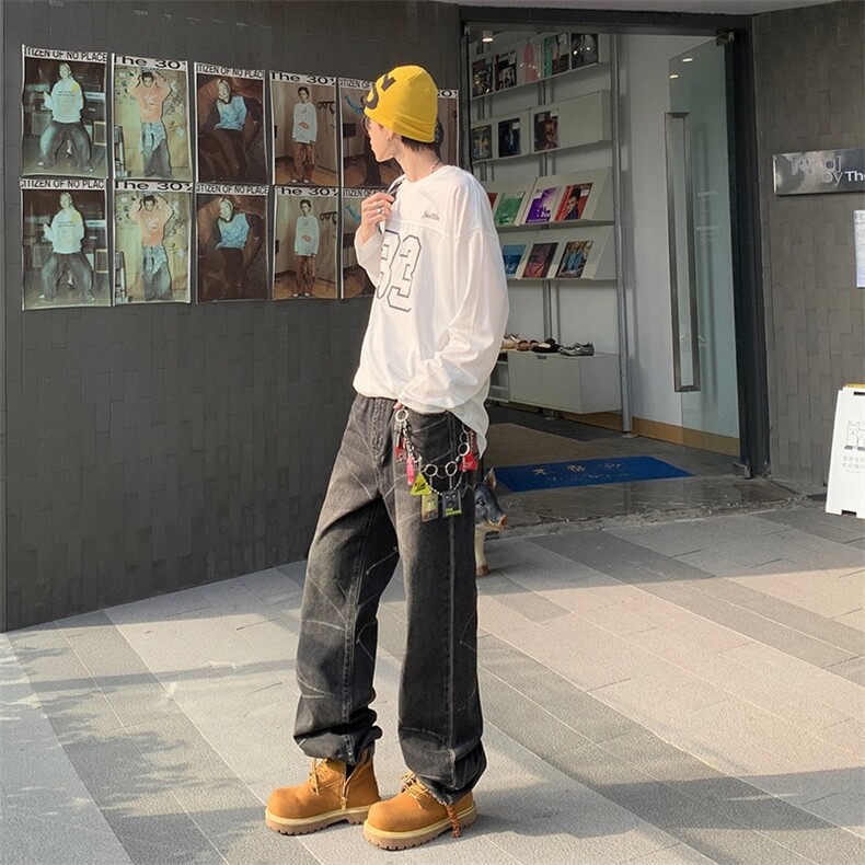 美式高街cleanfit风格重磅水洗黑灰微喇版型牛仔裤泼墨毛边长裤男,男装牛仔裤,星座506A