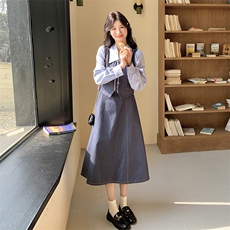 知性风假两件蓝色马甲叠穿长袖衬衫连衣裙女春秋超火好看气质长裙，女装连衣裙，2C087