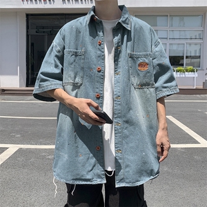 高品质夏款男短袖牛仔衬衫水洗字母刺绣喷漆五分袖衬衣CS983 P55图片