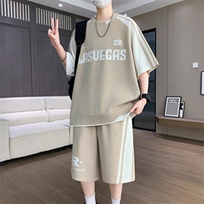 港风套装男休闲宽松菠萝格拼接圆领短袖T恤短裤两件套-TZ1918-P57，男装牛仔裤，星座310B