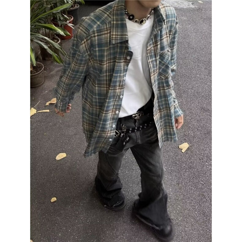 日系ins简约原宿潮流文艺气质时尚慵懒百搭流行纯棉格子衬衫新款,男装Polo衫,星座1210-1