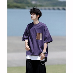 8XL-M 高品质纯棉美式复古宽松简约百搭学院风短袖T恤上衣男DX343图片