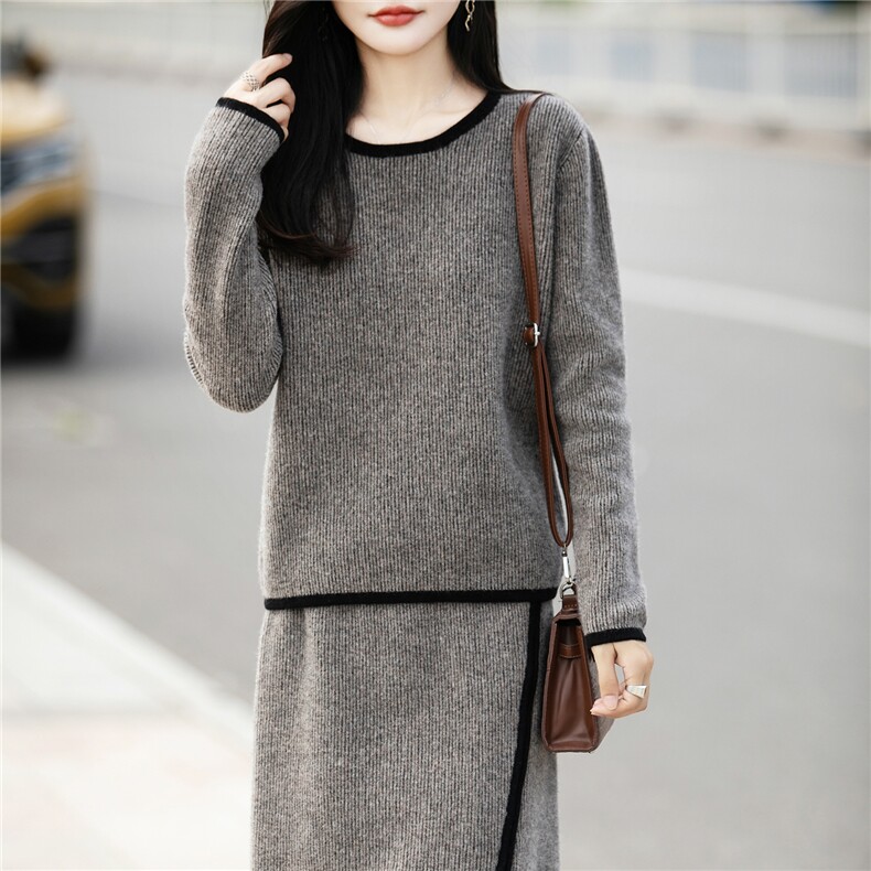 2025百搭时尚简约圆领黑边羊毛套裙，女装套装/套裙，蒙特羊绒