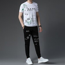 男士夏季短袖套装中青年潮流时尚印花长袖T恤两件套搭配青年P135，男装休闲套装，电商B212（原钱塘6029）